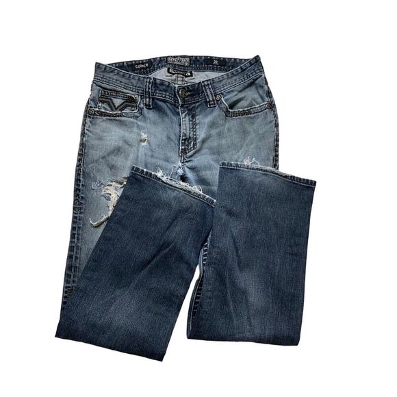 Affliction Cooper Buckle Denim Jeans 32R Distressed Dark Wash Stretch Blue - Picture 3 of 13